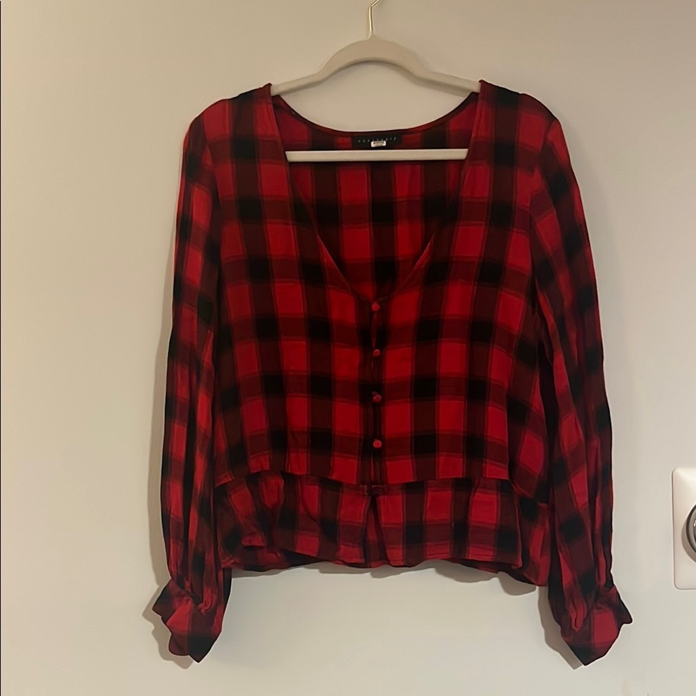 Plaid Red Button-Up Women's Top
